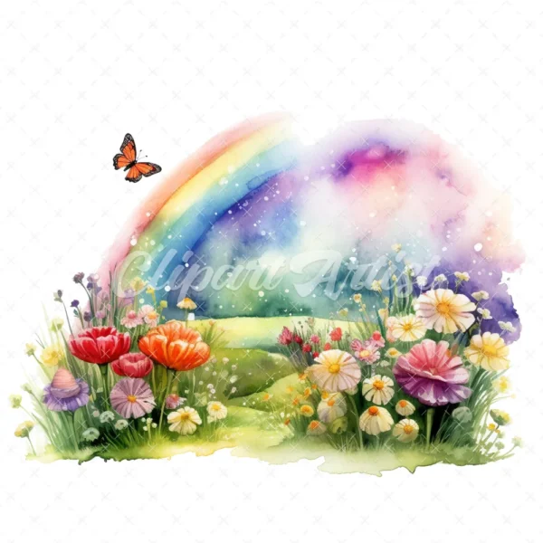 22 High-Quality Rainbow Meadow Clipart - Rainbow meadow digital watercolor JPG instant download for commercial use - Digital download