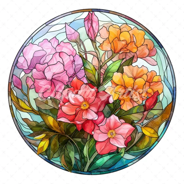 20 High-Quality Flowers Stained Glass Clipart - Bouquet flower digital watercolor JPG instant download for commercial use - Digital download