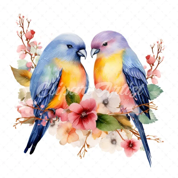 20 High-Quality Floral Love Birds Clipart - Floral love birds digital watercolor JPG instant download for commercial use - Digital download