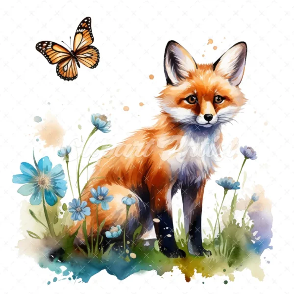 19 High-Quality Fox and Butterfly Clipart - Fox and butterfly digital watercolor JPG instant download for commercial use - Digital download