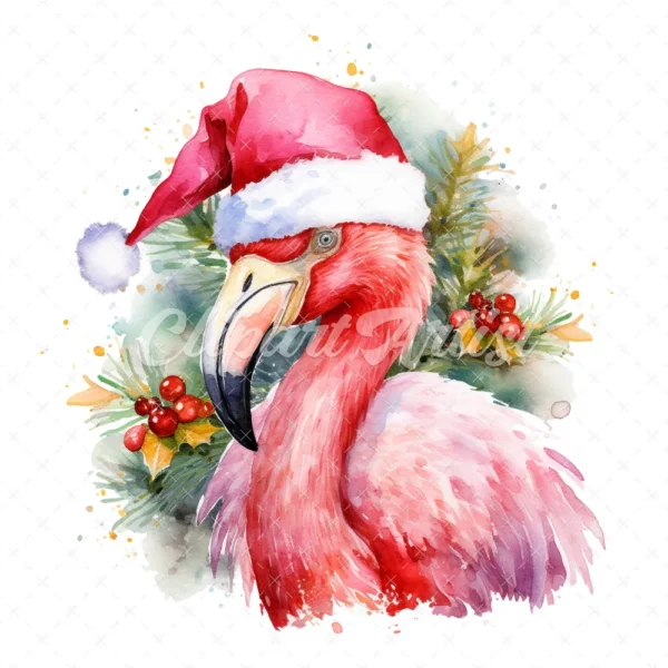 20 High-Quality Flamingo Santa Hat Clipart - Flamingo hat digital watercolor JPG instant download for commercial use - Digital download