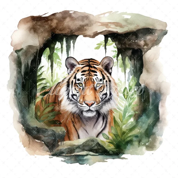 20 High-Quality Forest Cave Tiger Clipart - Cave tiger digital watercolor JPG instant download for commercial use - Digital download