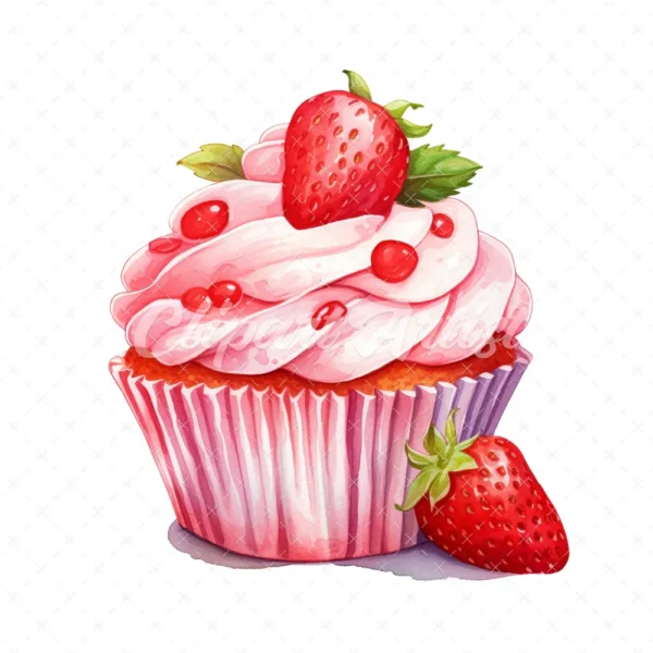 20 High-Quality Strawberry Cupcake Clipart - Cupcake digital watercolor JPG instant download for commercial use - Digital download