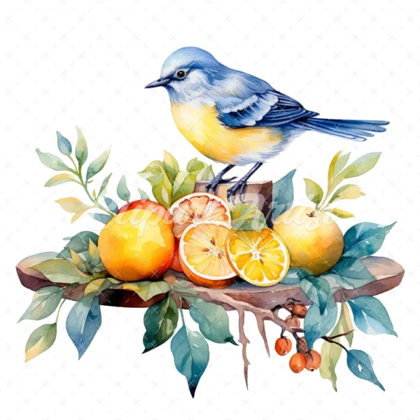 20 High-Quality Bird on Fruits Table Clipart - Bird fruits digital watercolor JPG instant download for commercial use - Digital download
