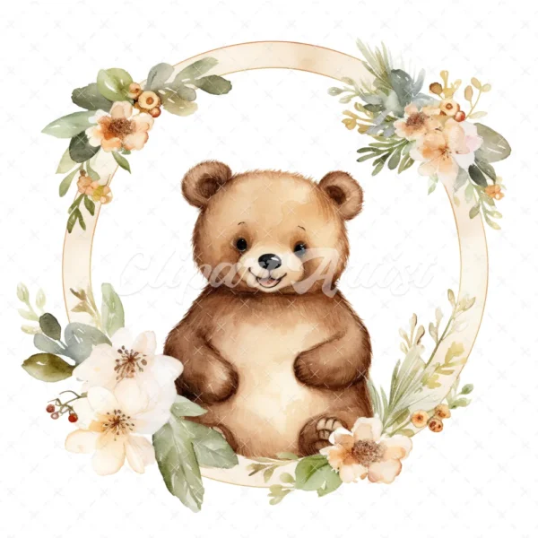 20 High-Quality Bear In Round Frame Rack Clipart - Bear frame digital watercolor JPG instant download for commercial use - Digital download