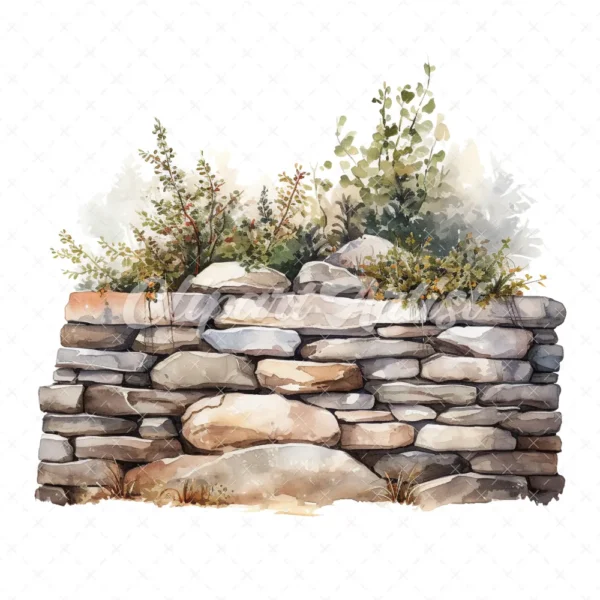20 High-Quality Rustic Stone Wall Clipart - Rustic stone wall digital watercolor JPG instant download for commercial use - Digital download