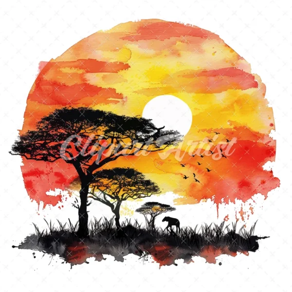 21 High-Quality African Sunset Clipart - African sunset digital watercolor JPG instant download for commercial use - Digital download