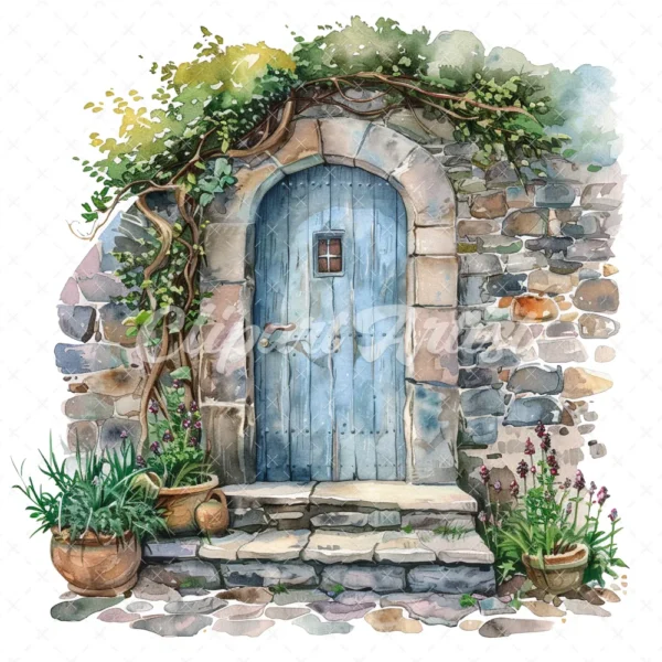 20 High-Quality Doors on Countryside Clipart - Floral doors digital watercolor JPG instant download for commercial use - Digital download