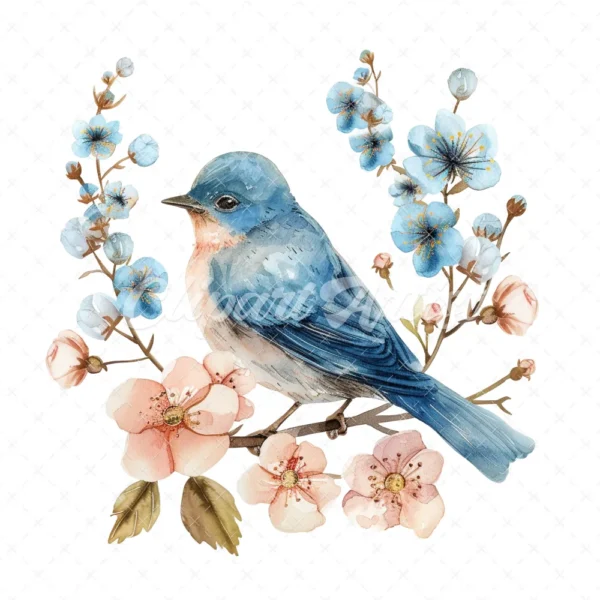 20 High-Quality Blue Bird Floral Clipart - Blue bird floral digital watercolor JPG instant download for commercial use - Digital download