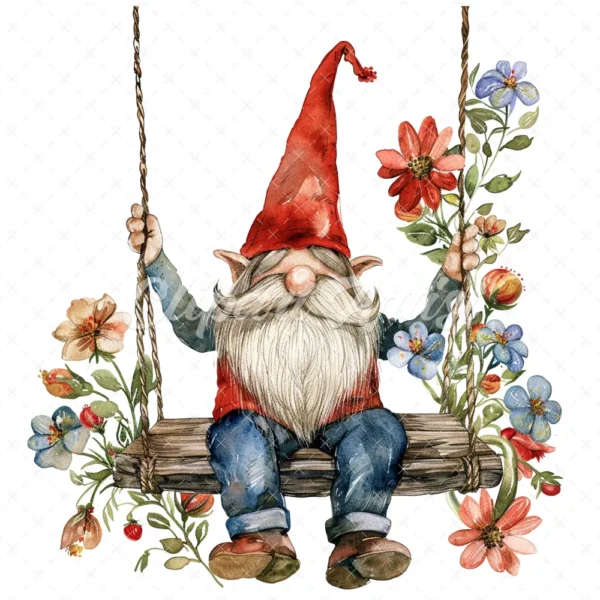 18 High-Quality Gnome on Swing Clipart - Gnome on swing wreath digital watercolor JPG instant download for commercial use - Digital download