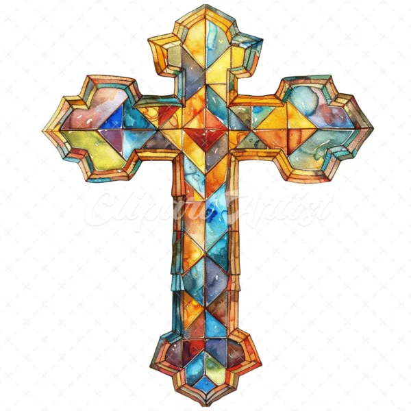 20 High-Quality Stained Glass Cross Clipart - Glass cross digital watercolor JPG instant download for commercial use - Digital download