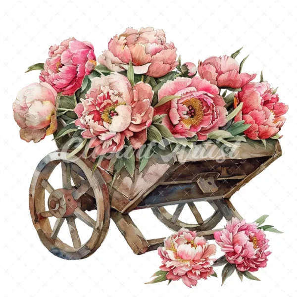 20 High-Quality Peonies Wheelbarrow Clipart - Wheelbarrow digital watercolor JPG instant download for commercial use - Digital download