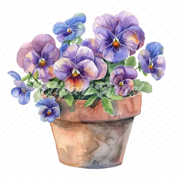 20 High-Quality Pot of Pansies Clipart - Pot of pansies digital watercolor JPG instant download for commercial use - Digital download