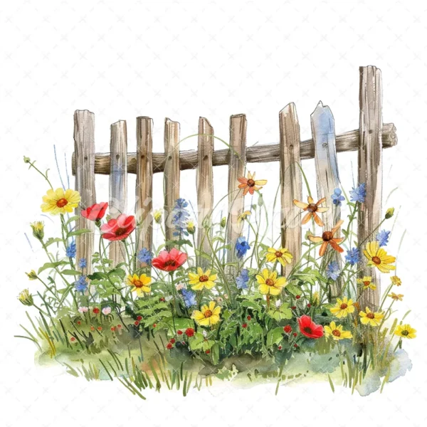 20 High-Quality Fence Wildflowers Clipart - Fence wildflowers digital watercolor JPG instant download for commercial use - Digital download