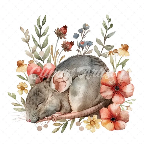 20 High-Quality Mice Sleep In Flower Clipart - Mice sleep digital watercolor JPG instant download for commercial use - Digital download
