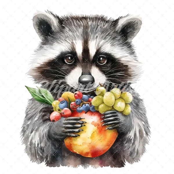 20 High-Quality Cute Fruit Raccoon Clipart - Fruit raccoon digital watercolor JPG instant download for commercial use - Digital download