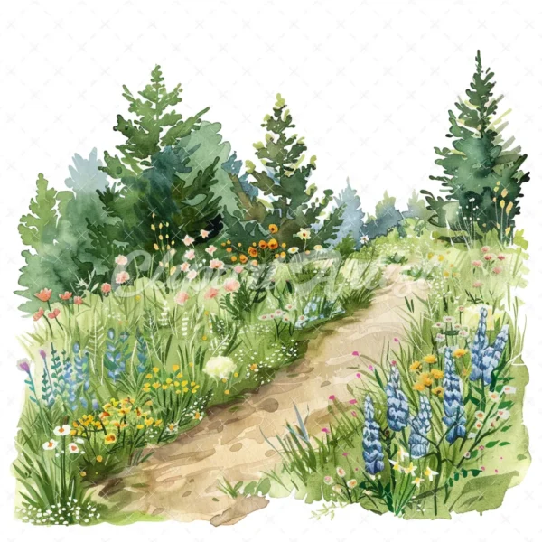 18 High-Quality Spring Meadow Trail Clipart - Spring meadow trail watercolor JPG instant download for commercial use - Digital download
