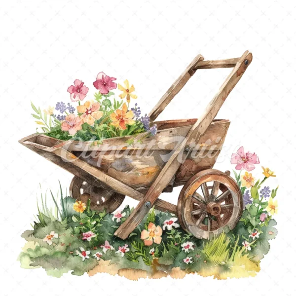 20 High-Quality Rustic Wheelbarrow Clipart - Wheelbarrow digital watercolor JPG instant download for commercial use - Digital download