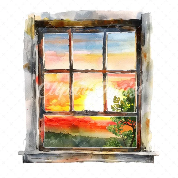 20 High-Quality Sunset Window Clipart - Sunset window digital watercolor JPG instant download for commercial use - Digital download