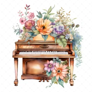 20 High-Quality Floral Piano Clipart - Floral piano digital watercolor JPG instant download for commercial use - Digital download