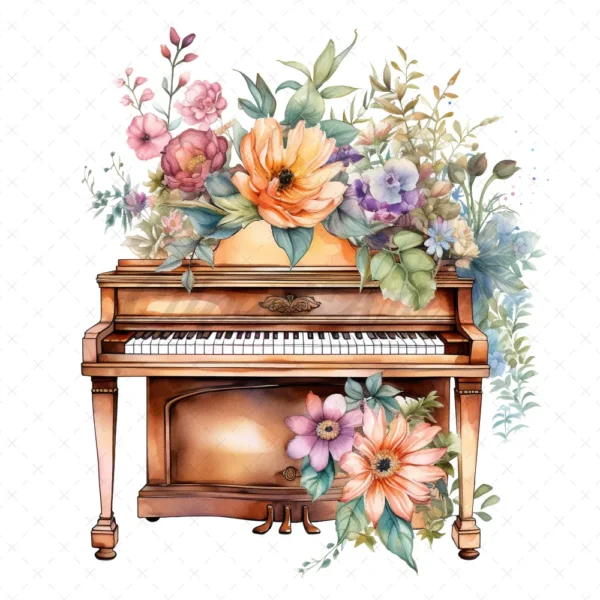 20 High-Quality Floral Piano Clipart - Floral piano digital watercolor JPG instant download for commercial use - Digital download