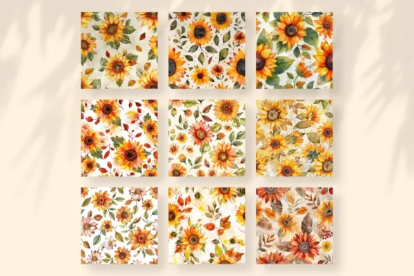 Sunflowers Seamless Digital Paper - 64 Scrapbook patterns, Seamless autumn backgrounds, Fall texture paper, Commercial use, Digital download