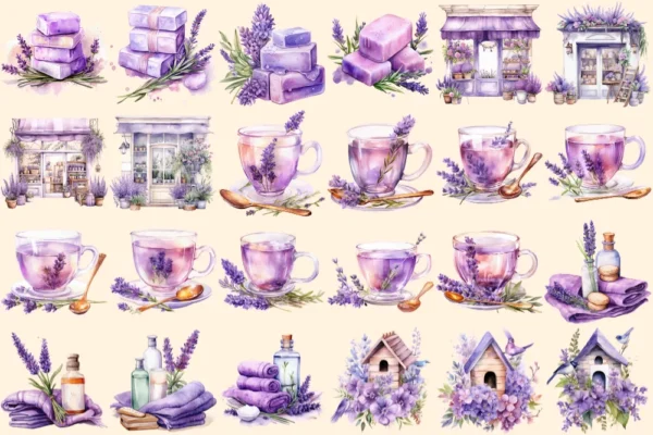 Lavenders Watercolor Clipart Bundle - 160+ transparent PNG, PNG of Tranquil summer lavender joy, Lavenders Commercial use, Digital download