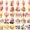 Ice Cream Watercolor Clipart Bundle - 260+ transparent PNG, Savory tasty desserts, Beach dessert, Sweets Commercial use, Digital download