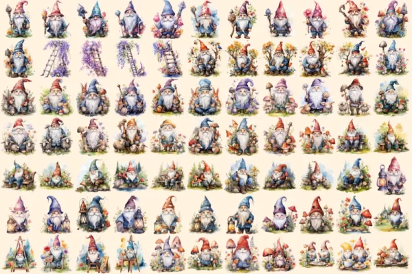 Gnomes Watercolor Clipart Bundle - 520+ transparent PNG, Enchanted gnome graphics png, Storybook gnome png, Commercial use, Digital download