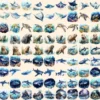 Ocean Stuff Watercolor Clipart Bundle - 800+ transparent PNG, Ocean-themed clipart, Ocean creatures designs, Commercial use,Digital download