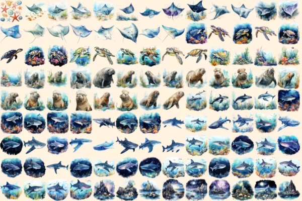 Ocean Stuff Watercolor Clipart Bundle - 800+ transparent PNG, Ocean-themed clipart, Ocean creatures designs, Commercial use,Digital download