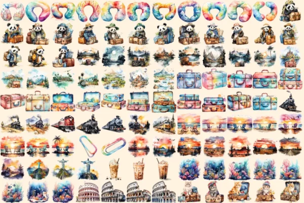 Travel Watercolor Clipart Bundle - 730+ transparent PNG, Adventure, Wanderlust , Vacation holiday graphics, Commercial use, Digital download
