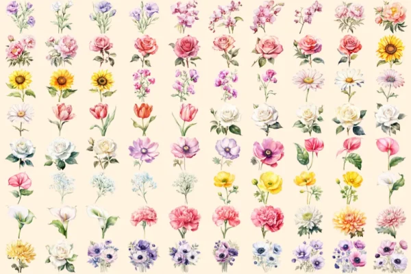 Wedding Flowers Watercolor Clipart Bundle - 545+ transparent PNG, Floral wedding elements, Bride's bouquet, Commercial use, Digital download