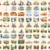 Landmarks Watercolor Clipart Bundle - 620+ transparent PNG, Popular landmark graphics, top wonders clipart, Commercial use, Digital download