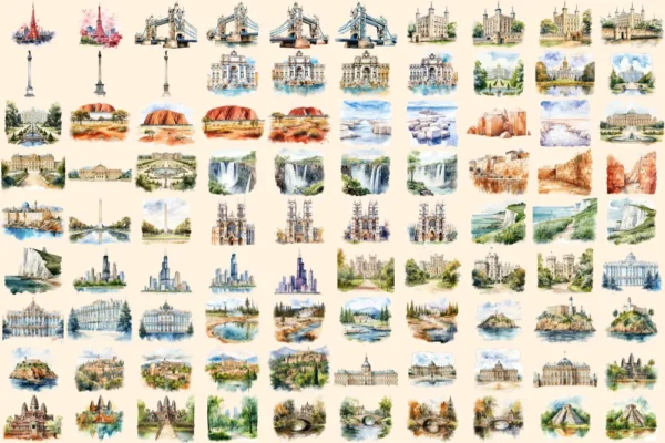 Landmarks Watercolor Clipart Bundle - 620+ transparent PNG, Popular landmark graphics, top wonders clipart, Commercial use, Digital download