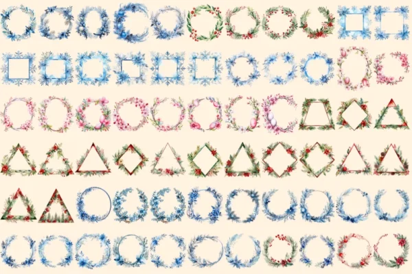 Christmas Borders Watercolor Clipart Bundle - 455+ transparent PNG, Xmas frames art, Festive border designs, Commercial use,Digital download