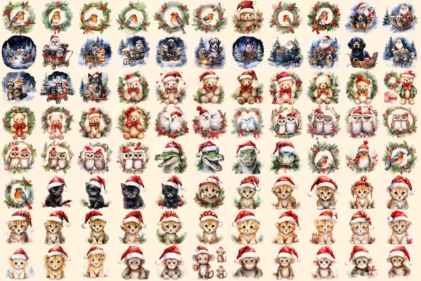 Christmas Animals Watercolor Clipart Bundle - 560+ transparent PNG, Festive animal images, Santa hat wreath, Commercial use,Digital download