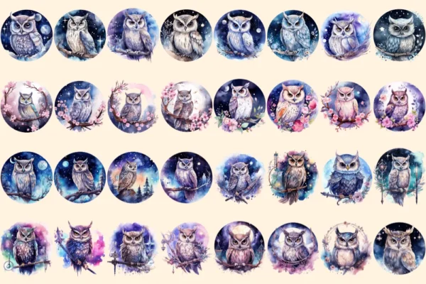 Celestial Owls Watercolor Clipart Bundle - 215+ transparent PNG, Galaxy night images, Mystical fantasy art, Commercial use, Digital download