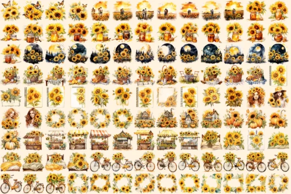 Sunflowers Watercolor Clipart Bundle - 776+ transparent PNG, Vibrant sunflower png, Radiant summer flowers, Commercial use, Digital download