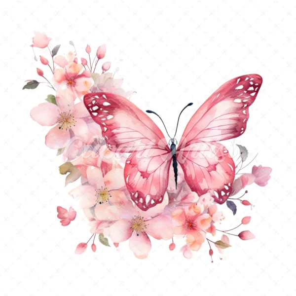 20 High-Quality Pink Floral Butterfly Clipart - Pink butterfly digital watercolor JPG instant download for commercial use - Digital download