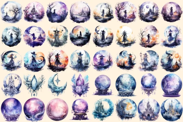 Moon Witches Watercolor Clipart Bundle - 260+ transparent PNG, Fantasy mystical images, Magical fairytale, Commercial use, Digital download