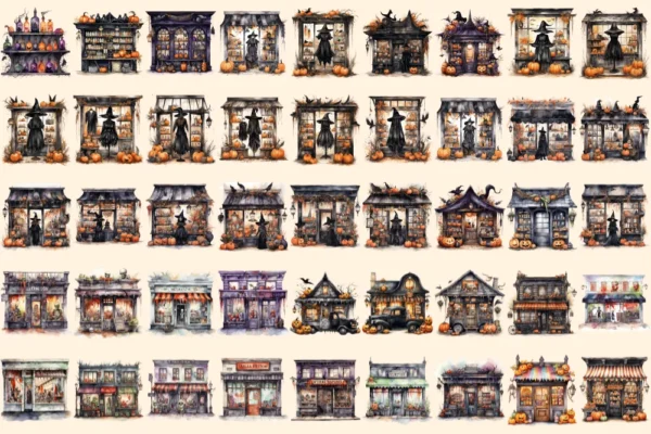 Halloween Storefronts Watercolor Clipart Bundle - 310+ transparent PNG, Haunted store graphics, Spooky png, Commercial use, Digital download
