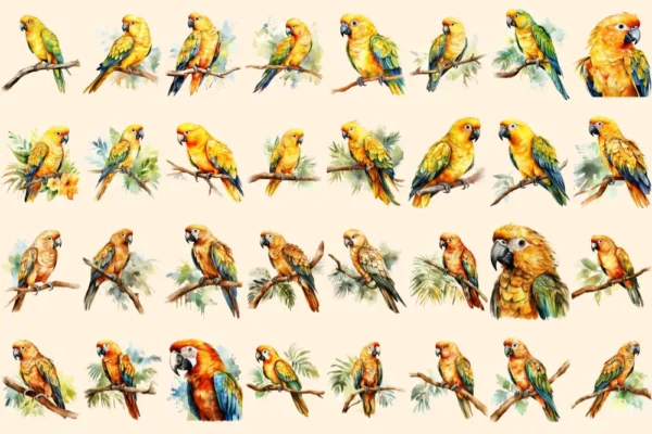 Parrots Watercolor Clipart Bundle - 205+ transparent PNG, Tropical parrot summer graphics, Parrots clipart, Commercial use, Digital download