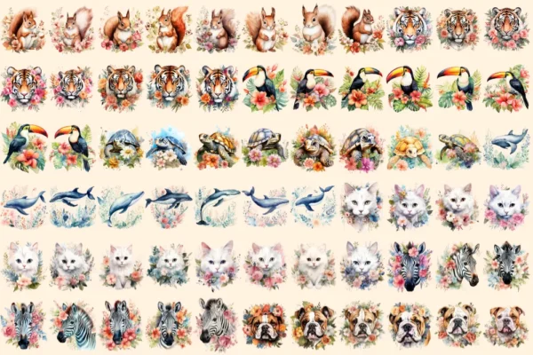 Floral Animals Watercolor Clipart Bundle - 450+ transparent PNG, Adorable animals png, Flower animal decor, Commercial use, Digital download