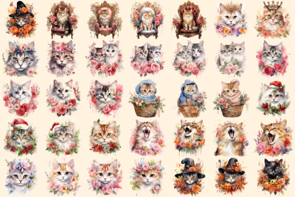 Flower Cats Watercolor Clipart Bundle - 223+ transparent PNG, Charming kitten graphics, Fantasy kitten art, Commercial use, Digital download