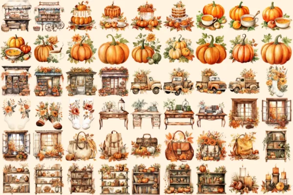 Autumn Whispers Watercolor Clipart Bundle - 360+ transparent PNG, Warm autumn graphics, Seasonal leaf png, Commercial use, Digital download