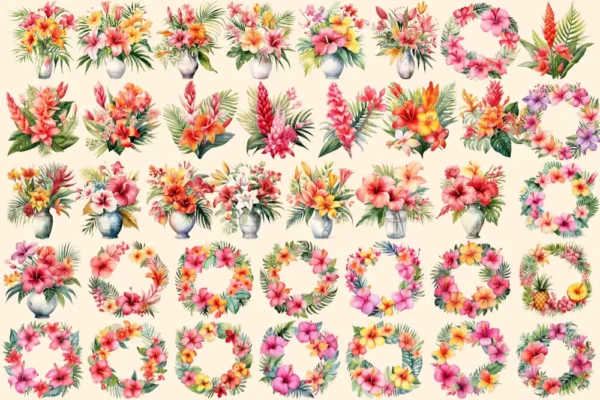 Tropical Flowers Watercolor Clipart Bundle - 245+ transparent PNG, Blooming flowers graphics, Summer png, Commercial use, Digital download