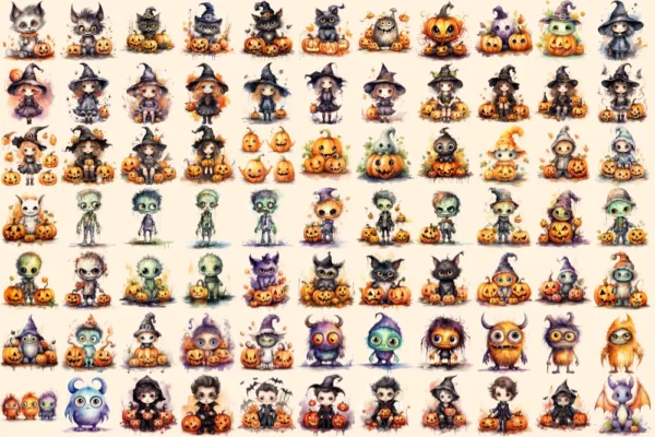 Little Monsters Watercolor Clipart Bundle - 500+ transparent PNG, Eerie graphics, Cute halloween creatures, Commercial use, Digital download