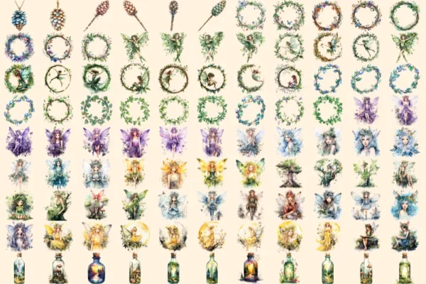 Forest Fairies Watercolor Clipart Bundle - 675+ transparent PNG, Whimsical fairy illustrations, Fairy art, Commercial use, Digital download
