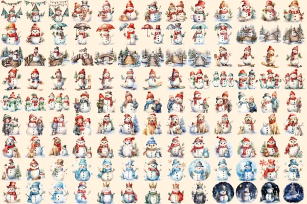 Snowman Watercolor Clipart Bundle - 755+ transparent PNG, Snowman illustrations, Delightful winter snowman, Commercial use, Digital download